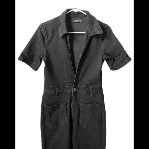 Nasty Gal Black Deep Plunging V Neck Denim Boilersuit Jumpsuit Edgy Grunge Sz 8 - Picture 2 of 15